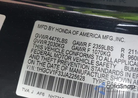 2018 Honda Accord Sport из США, поврежденный, VIN 1HGCV1F33JA225628